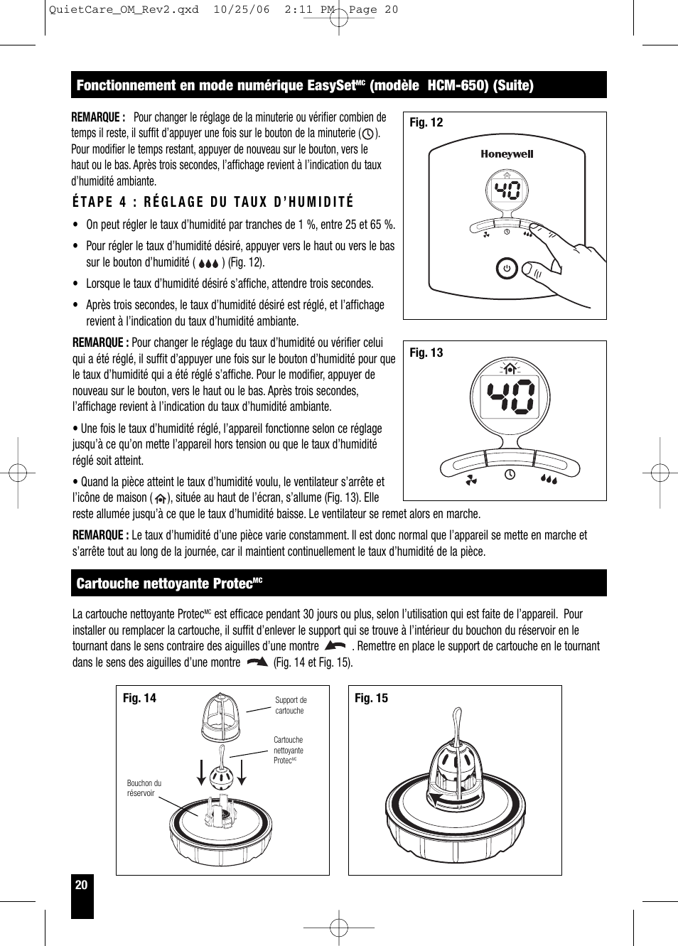 Fonctionnement en mode numérique easyset, Modèle hcm-650) (suite), Cartouche nettoyante protec | Honeywell HCM-630 Series User Manual | Page 20 / 36