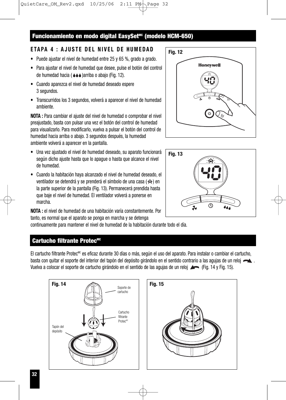 Funcionamiento en modo digital easyset, Modelo hcm-650), Cartucho filtrante protec | Honeywell HCM-630 Series User Manual | Page 32 / 36