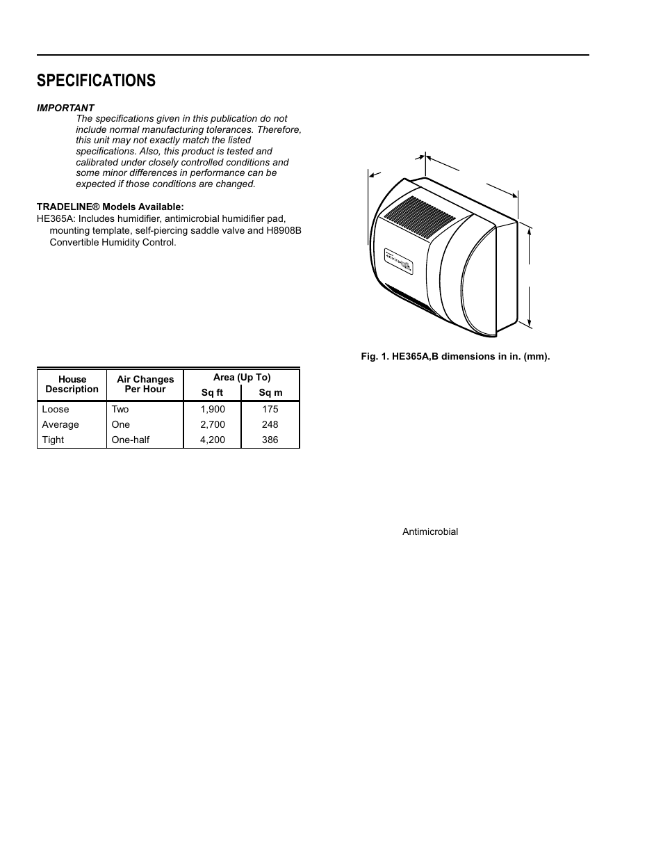 Ordering information, Specifications | Honeywell ENVIRACAIRE HE365B User Manual | Page 2 / 12