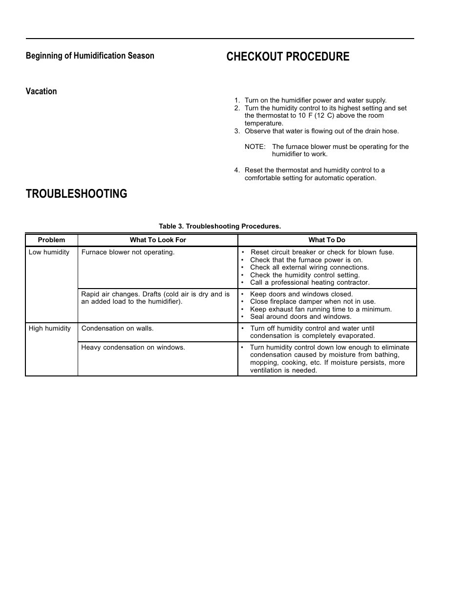 Checkout procedure, Troubleshooting, Beginning of humidification season | Vacation | Honeywell ENVIRACAIRE HE365B User Manual | Page 8 / 12