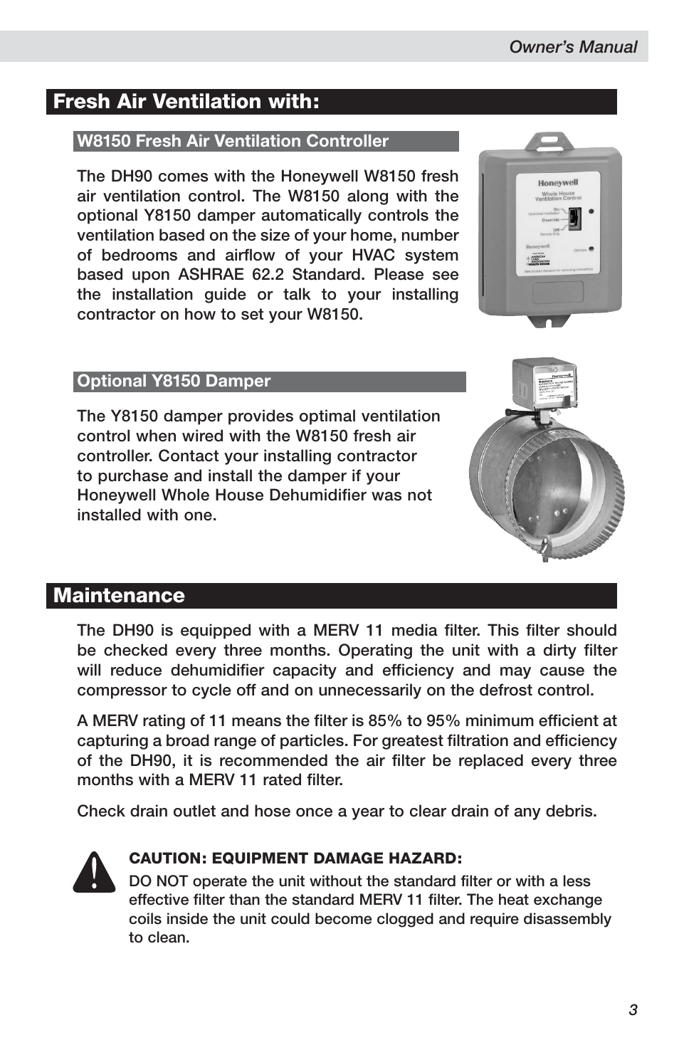Fresh air ventilation with, Maintenance | Honeywell DH90 User Manual | Page 3 / 4