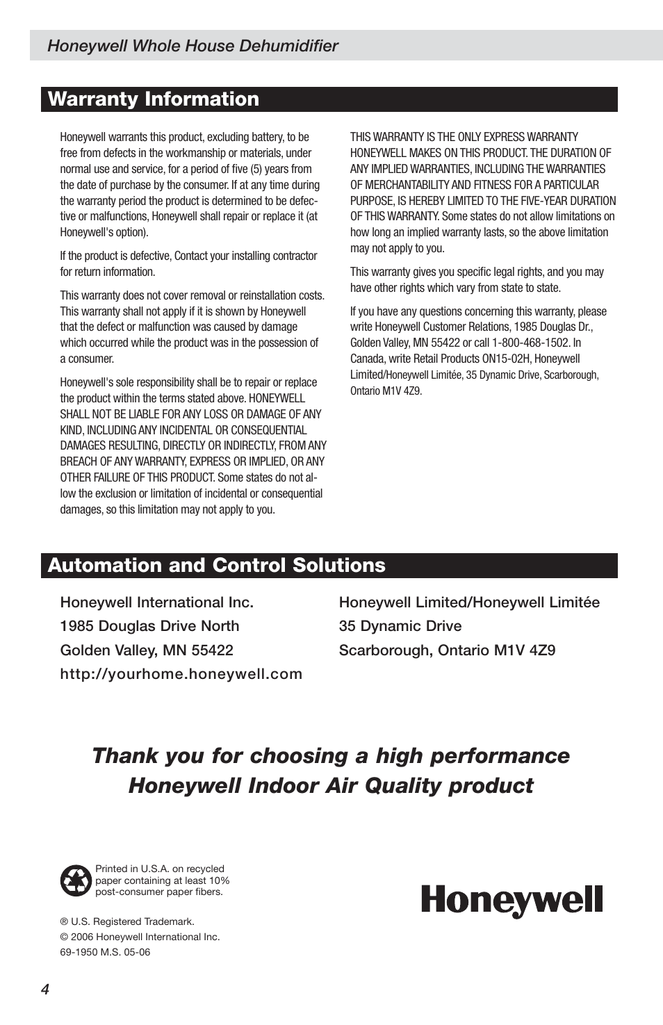 Honeywell DH90 User Manual | Page 4 / 4