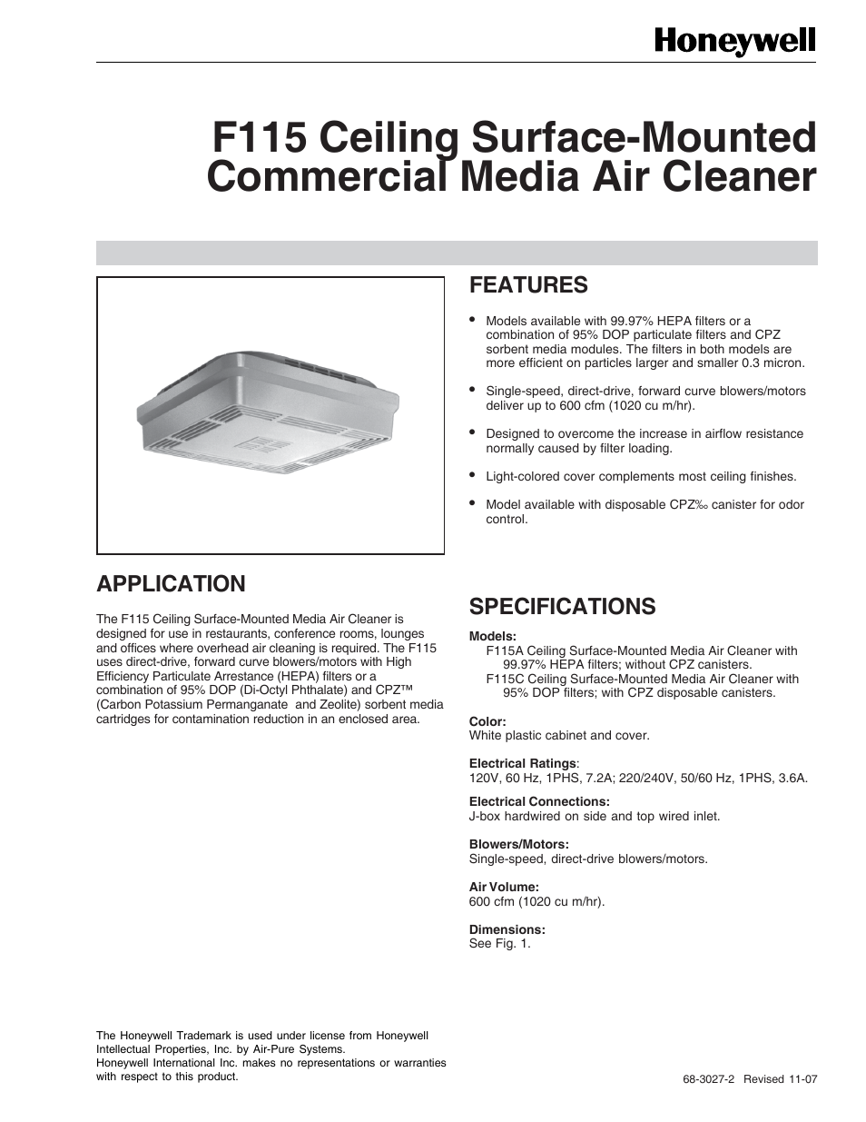 Honeywell F115 User Manual | 2 pages