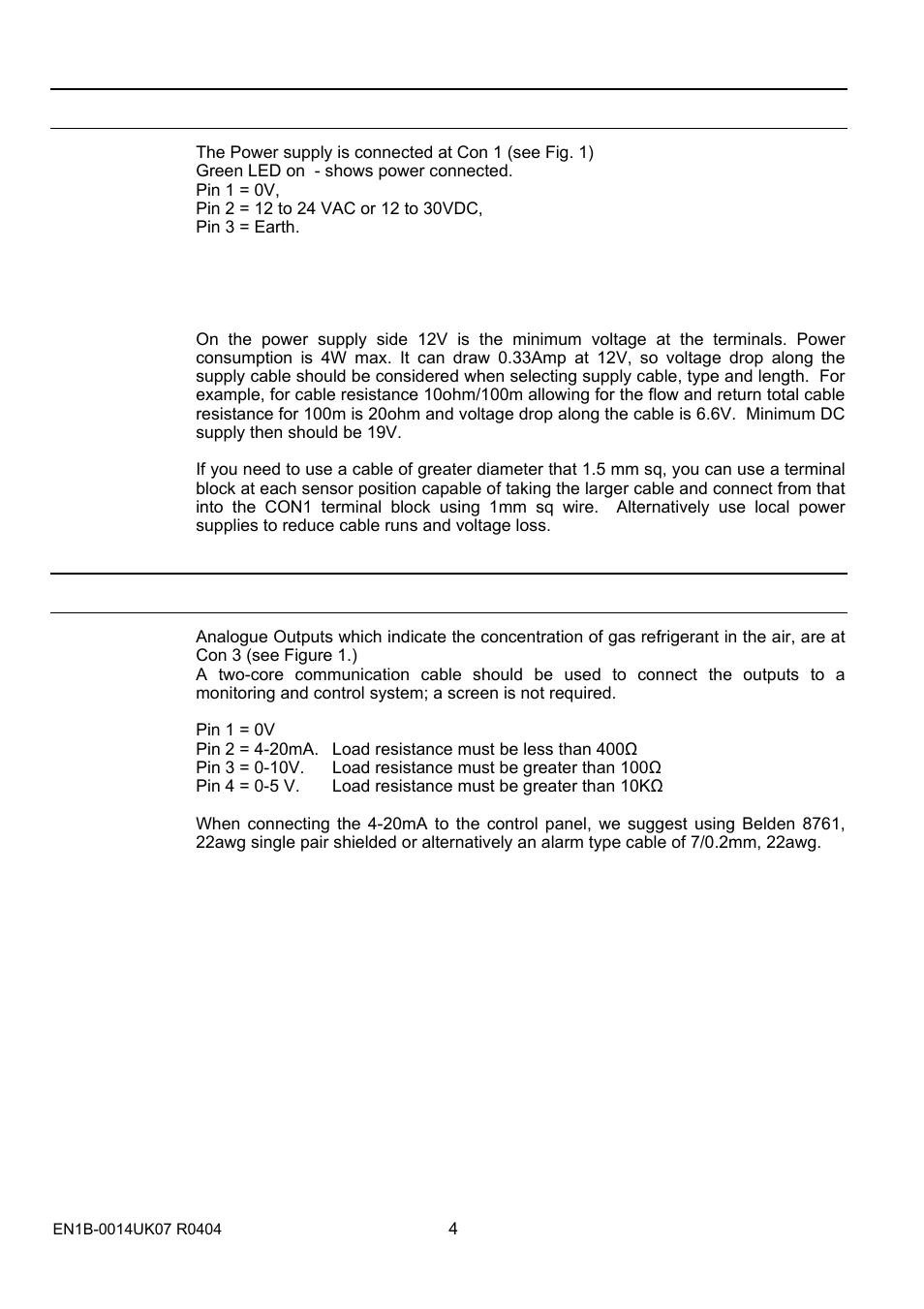 Analogue outputs, Relay contacts, Power supply | Honeywell SN0500 User Manual | Page 4 / 8
