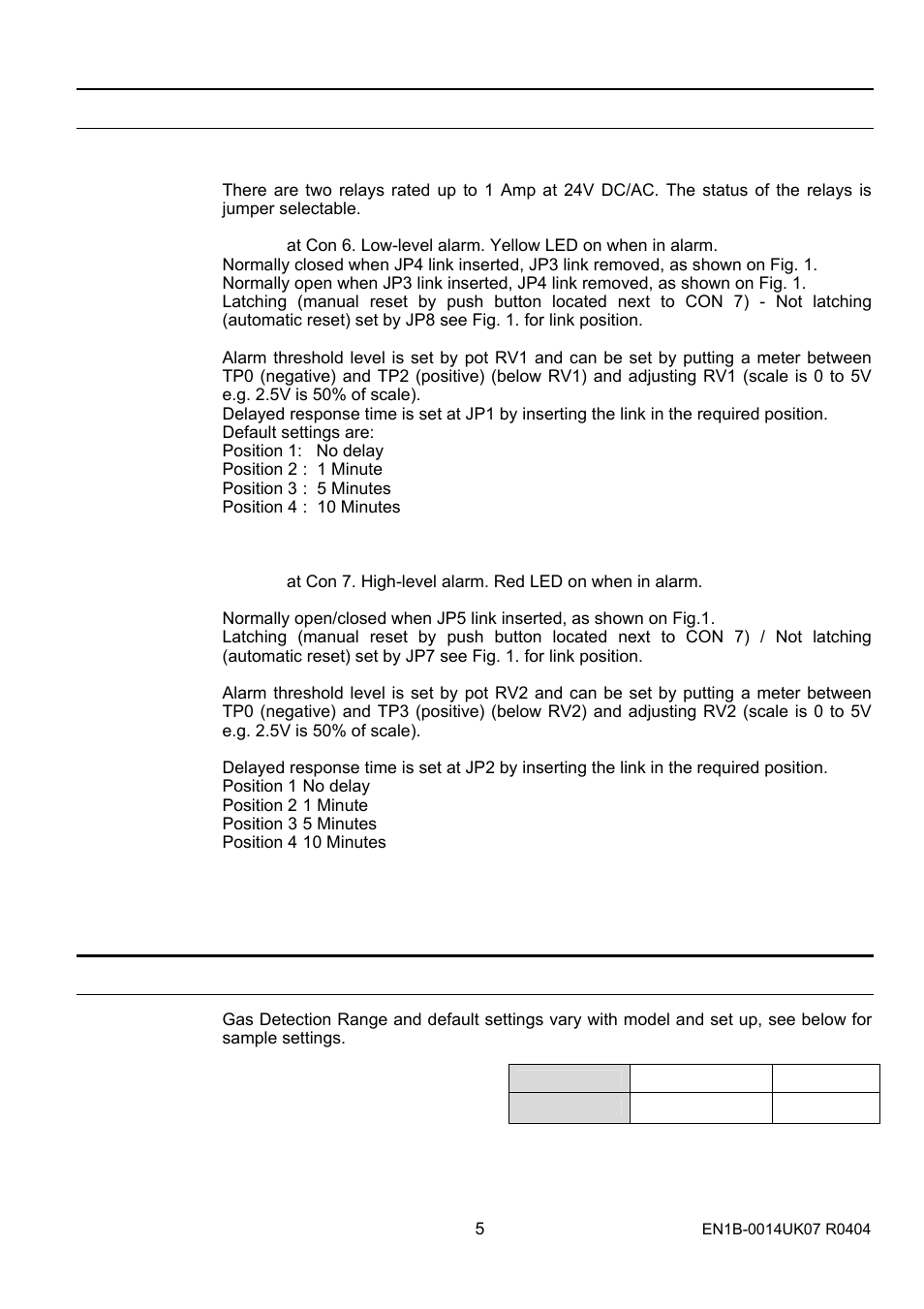 Gas detection range, Relay contacts | Honeywell SN0500 User Manual | Page 5 / 8