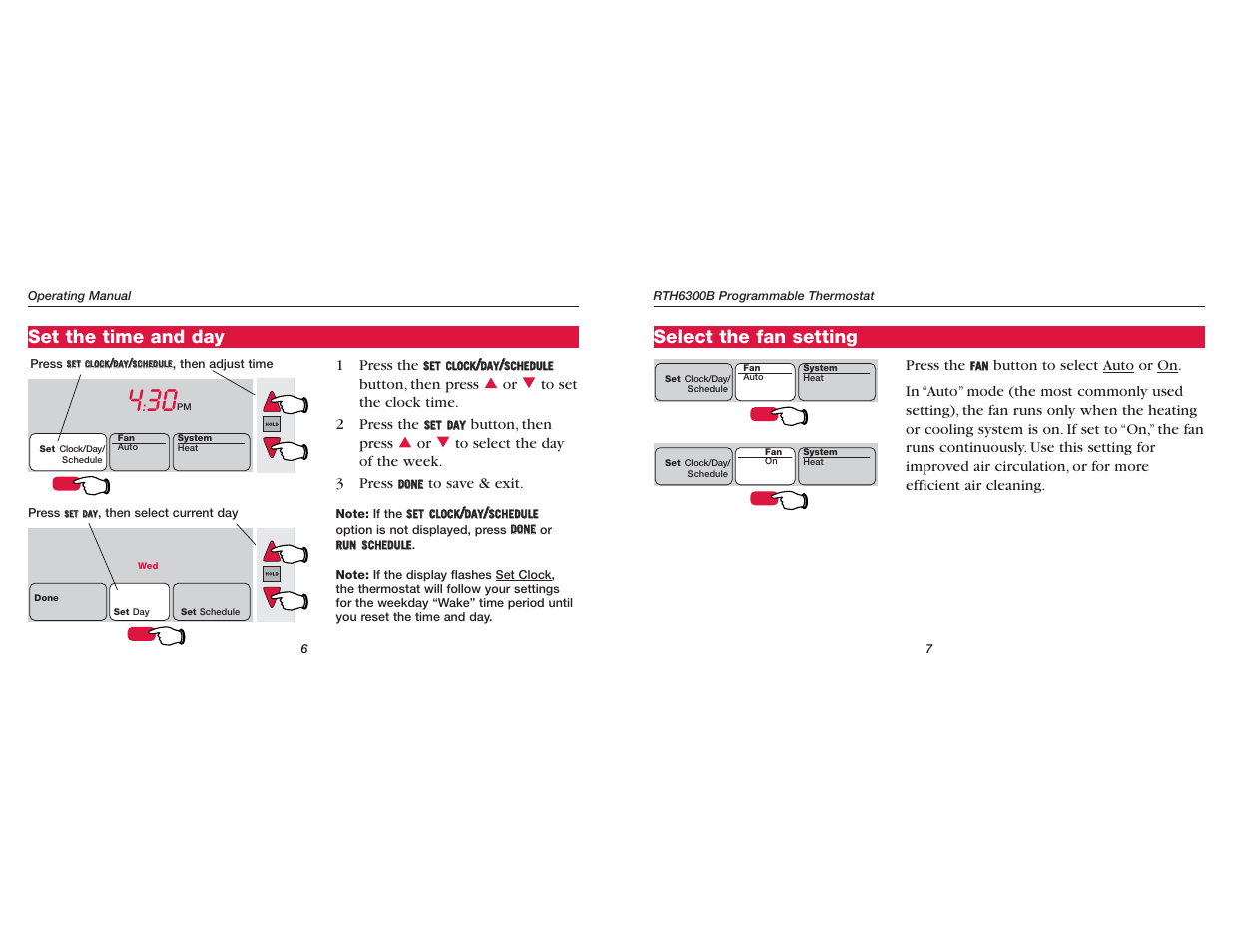 Set the time and day, Select the fan setting | Honeywell RTH6300B User Manual | Page 9 / 24