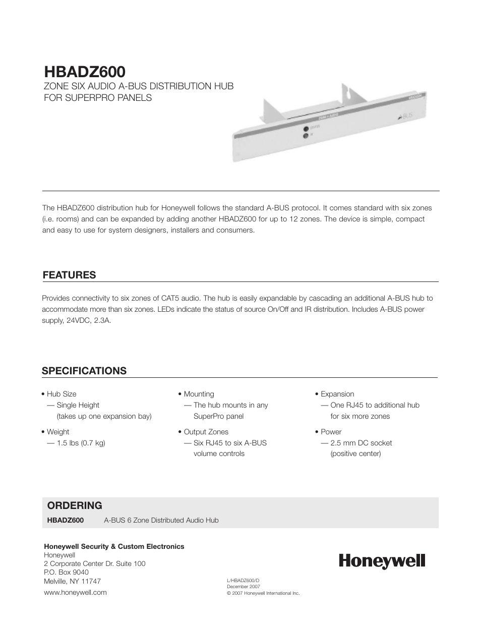 Honeywell HBADZ600 User Manual | 1 page