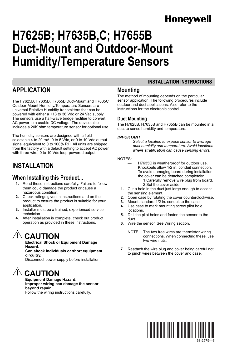 Honeywell DUCT-MOUNT AND OUTDOOR-MOUNT H7625B User Manual | 8 pages