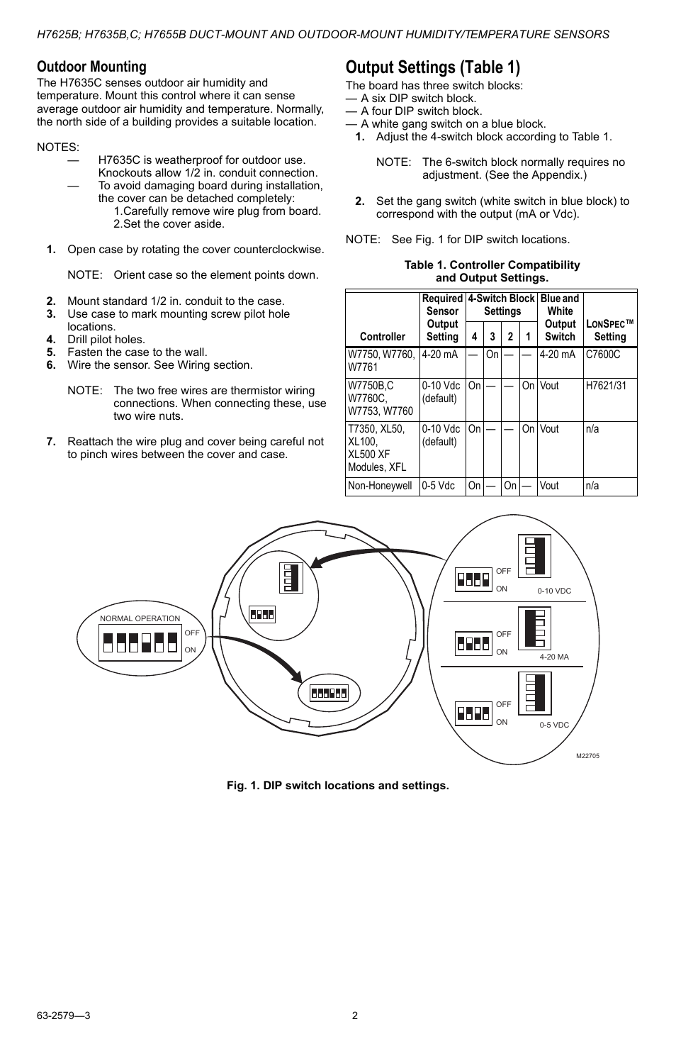 Output settings (table 1), Outdoor mounting | Honeywell DUCT-MOUNT AND OUTDOOR-MOUNT H7625B User Manual | Page 2 / 8