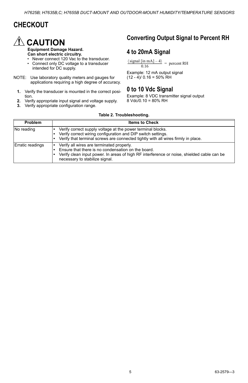 Caution, Checkout, 0 to 10 vdc signal | Honeywell DUCT-MOUNT AND OUTDOOR-MOUNT H7625B User Manual | Page 5 / 8