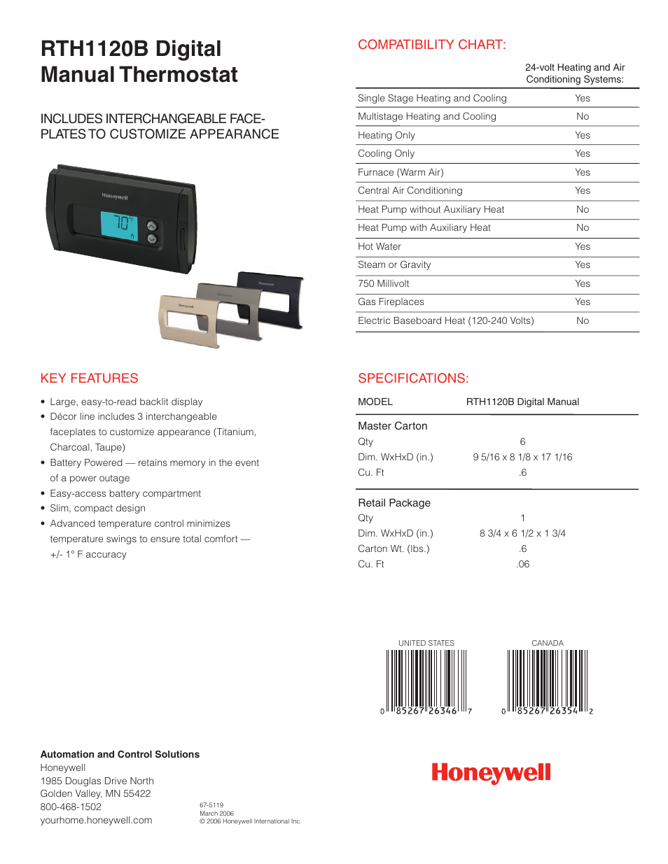 Rth1120b digital manual thermostat, Specifications, Compatibility chart | Honeywell RTH1120B User Manual | Page 2 / 2