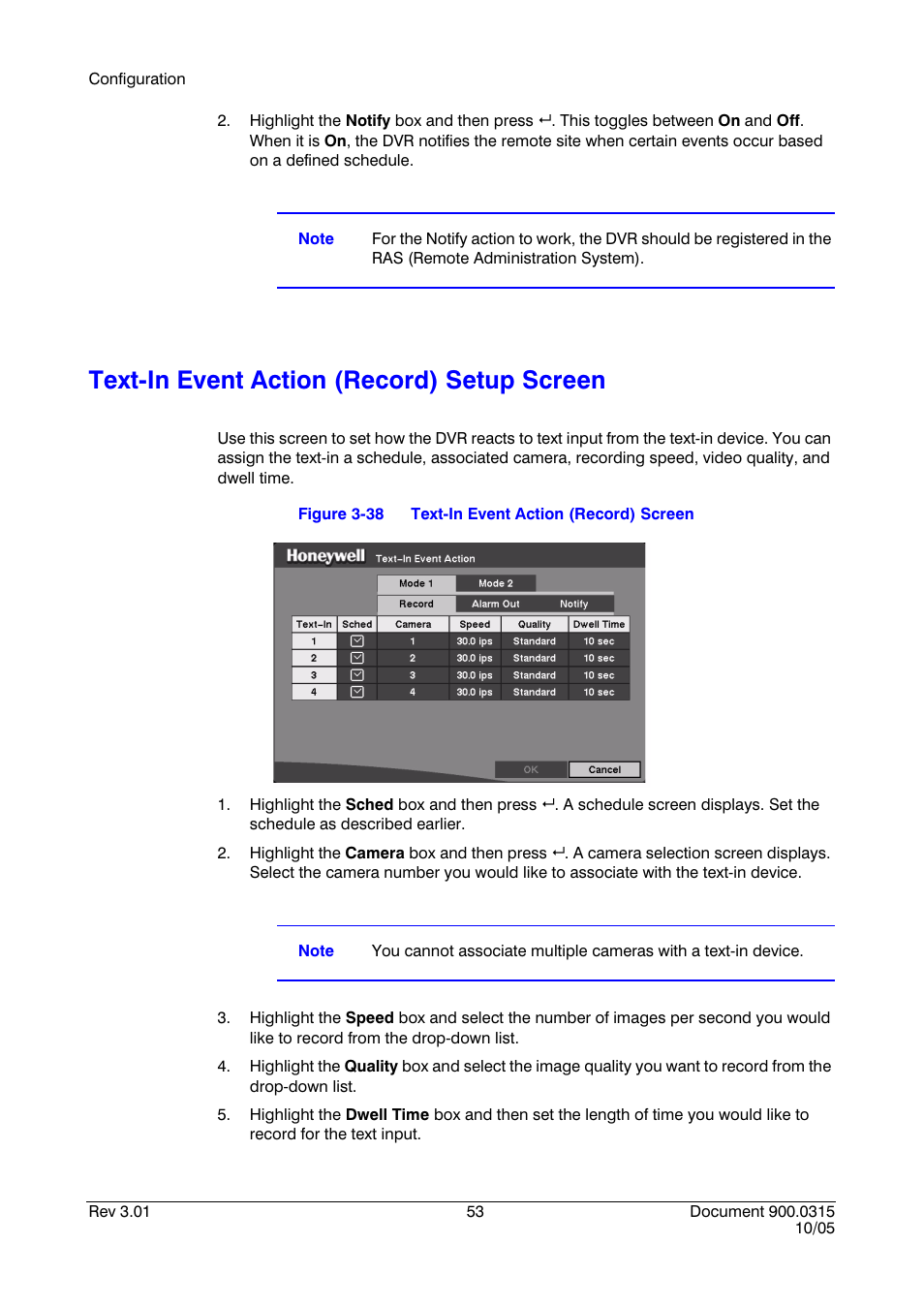 Text-in event action (record) setup screen, Figure 3-38, Text-in event action (record) screen | Honeywell HRHD 410 User Manual | Page 71 / 126