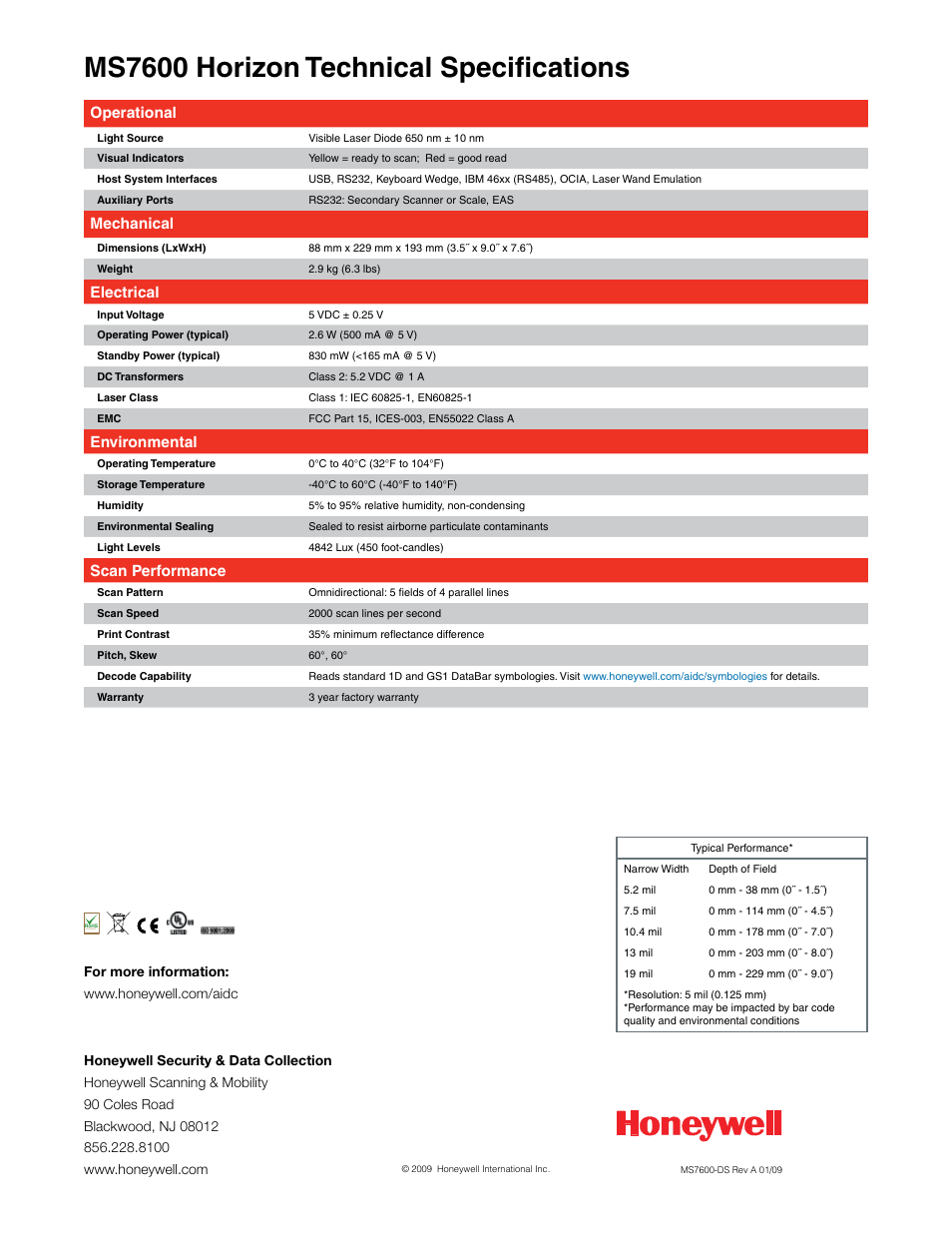 Ms7600 horizon technical specifications, Operational, Mechanical | Electrical, Environmental, Scan performance | Honeywell Horizon MS7600 User Manual | Page 2 / 2