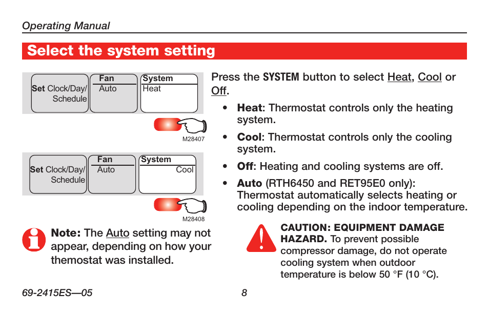 Select the system setting | Honeywell RTH6350 User Manual | Page 10 / 56