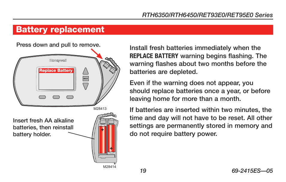 Battery replacement | Honeywell RTH6350 User Manual | Page 21 / 56