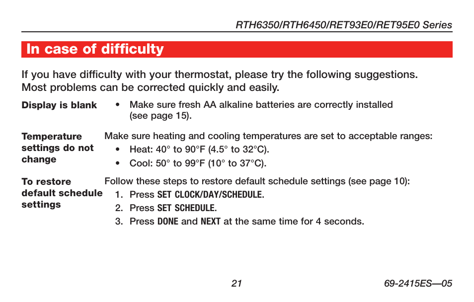 About your new thermostat in case of difficulty | Honeywell RTH6350 User Manual | Page 23 / 56