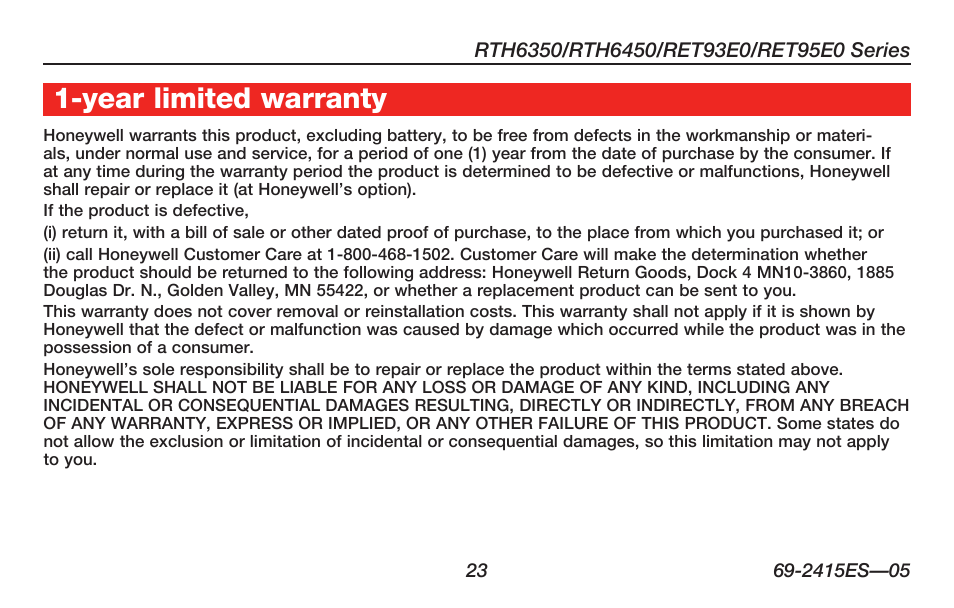 About your new thermostat 1-year limited warranty | Honeywell RTH6350 User Manual | Page 25 / 56