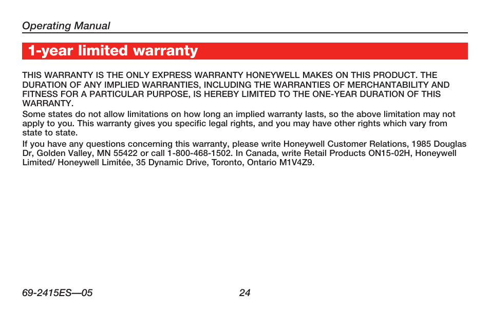 About your new thermostat 1-year limited warranty | Honeywell RTH6350 User Manual | Page 26 / 56