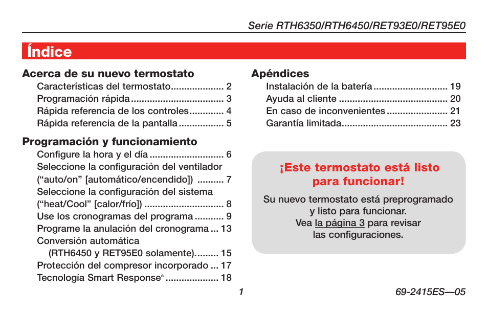 Acerca de su nuevo termostato, Índice | Honeywell RTH6350 User Manual | Page 31 / 56