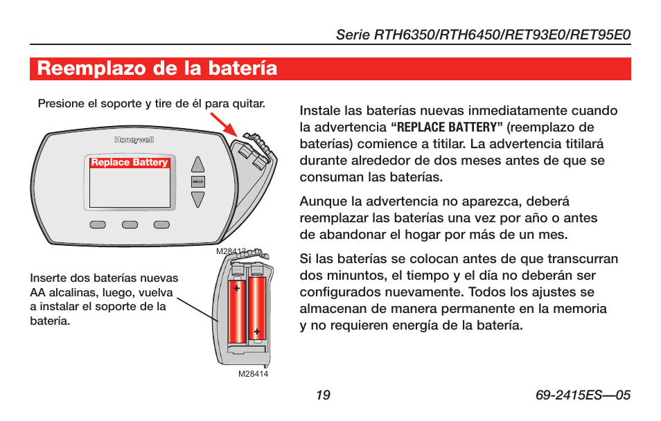 Reemplazo de la batería | Honeywell RTH6350 User Manual | Page 49 / 56