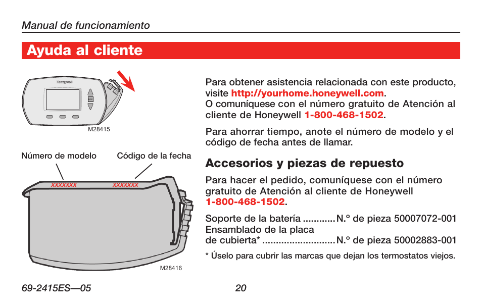 Acerca de su nuevo termostato, Ayuda al cliente, Accesorios y piezas de repuesto | Honeywell RTH6350 User Manual | Page 50 / 56