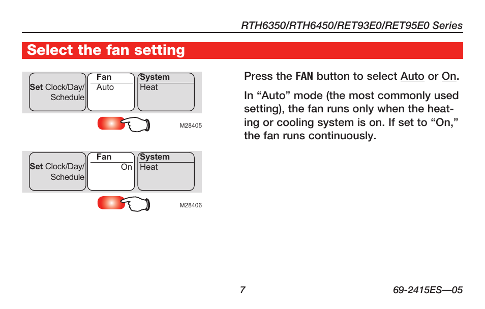 Select the fan setting | Honeywell RTH6350 User Manual | Page 9 / 56