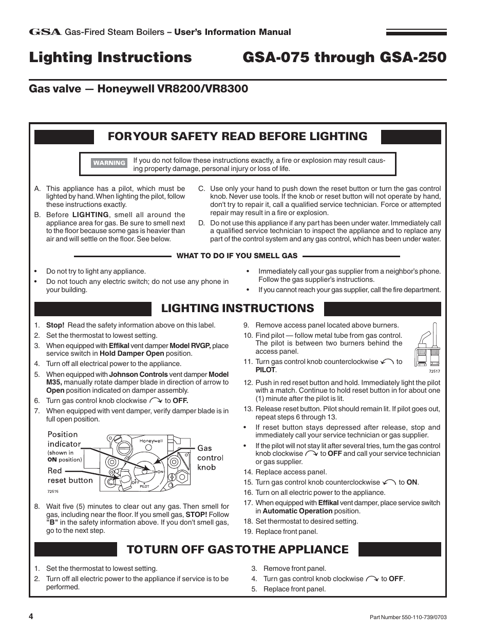 Lighting instructions | Honeywell RVGP User Manual | Page 4 / 8