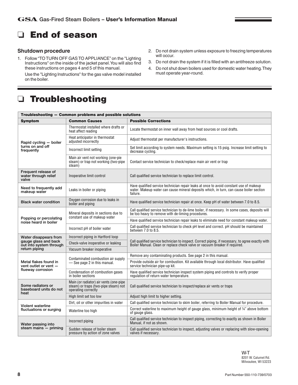 Troubleshooting, End of season, Shutdown procedure | Honeywell RVGP User Manual | Page 8 / 8