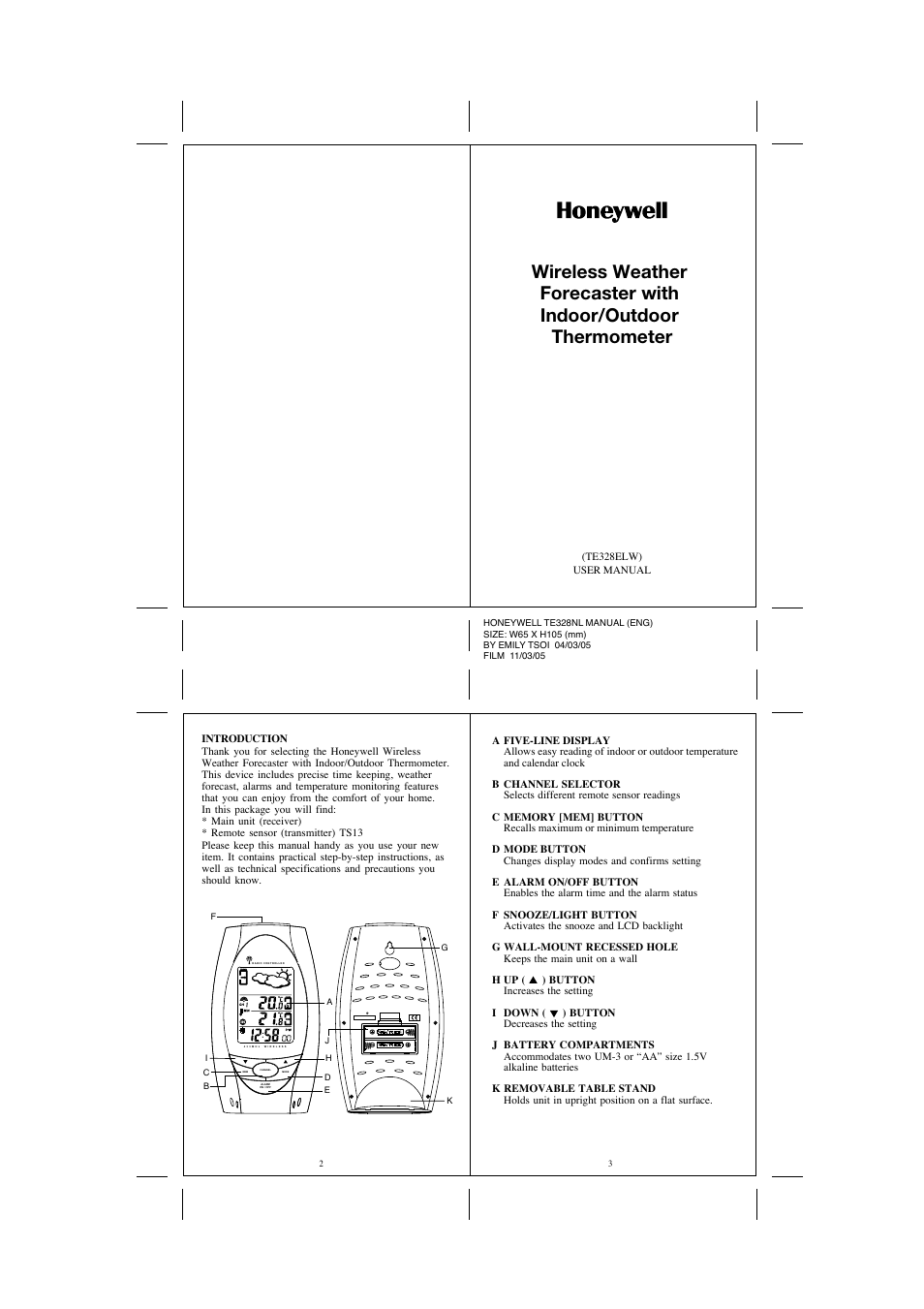 Honeywell TE328ELW User Manual | 6 pages