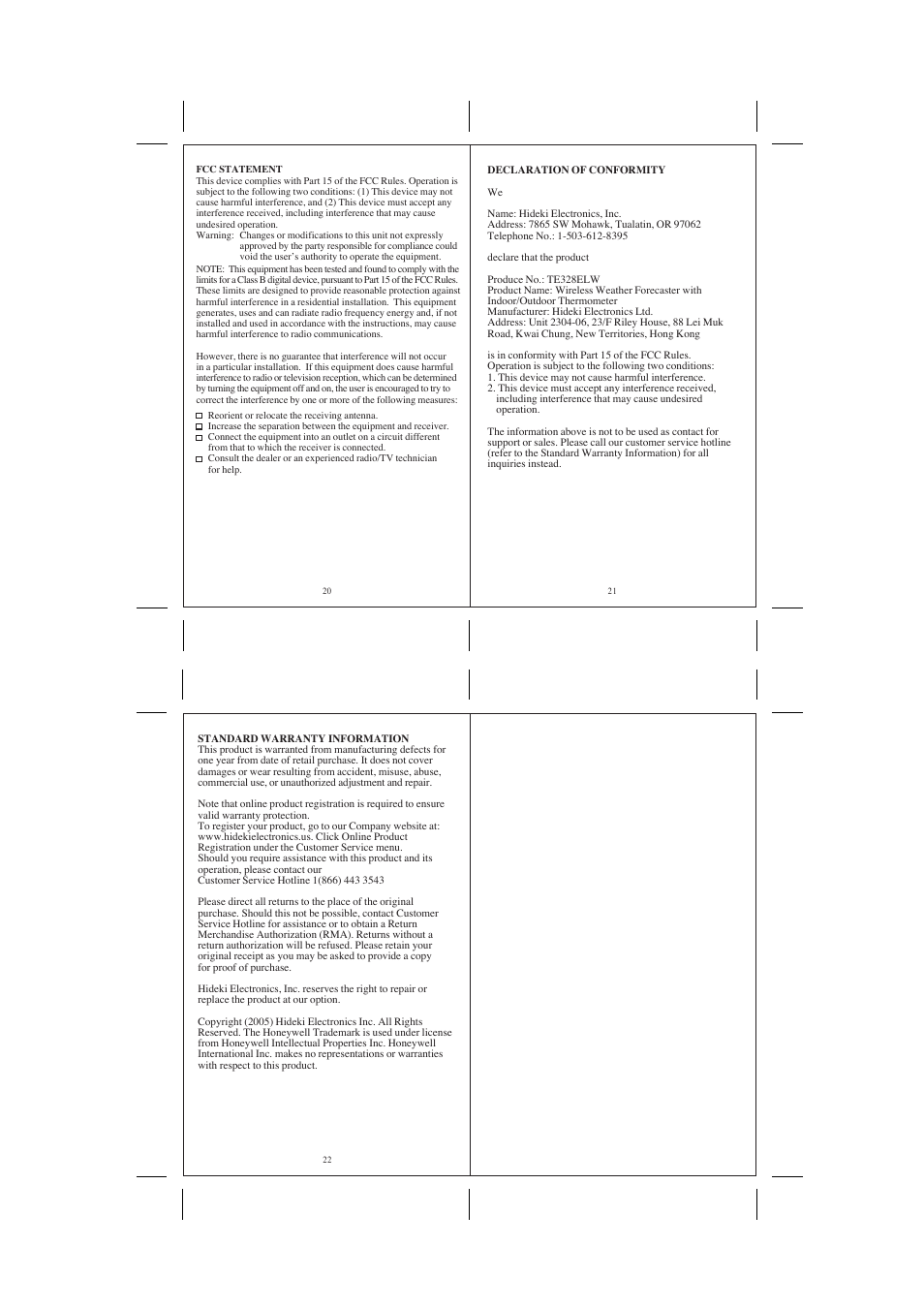 Honeywell TE328ELW User Manual | Page 6 / 6