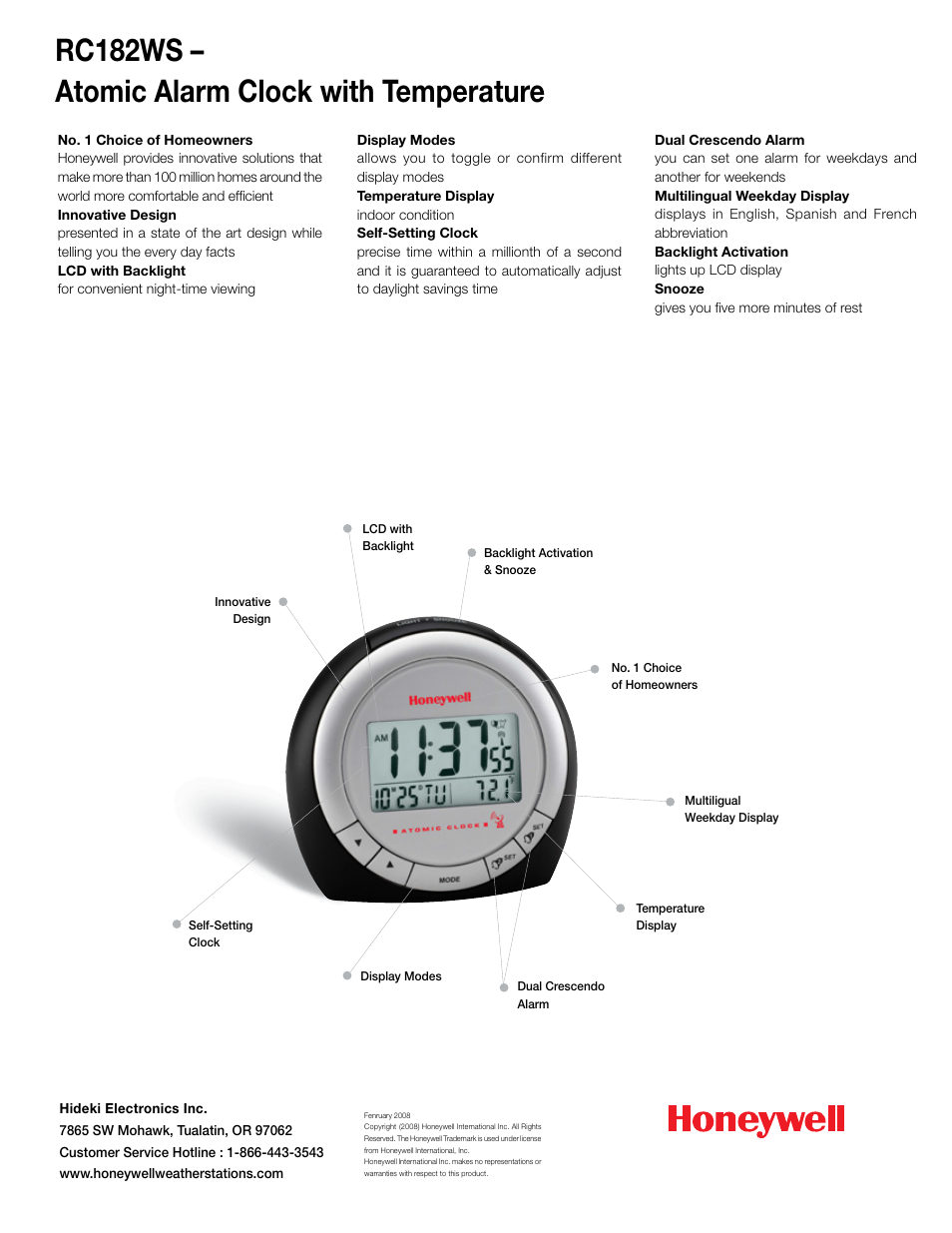 Rc182ws – atomic alarm clock with temperature | Honeywell RC182WS User Manual | Page 2 / 2