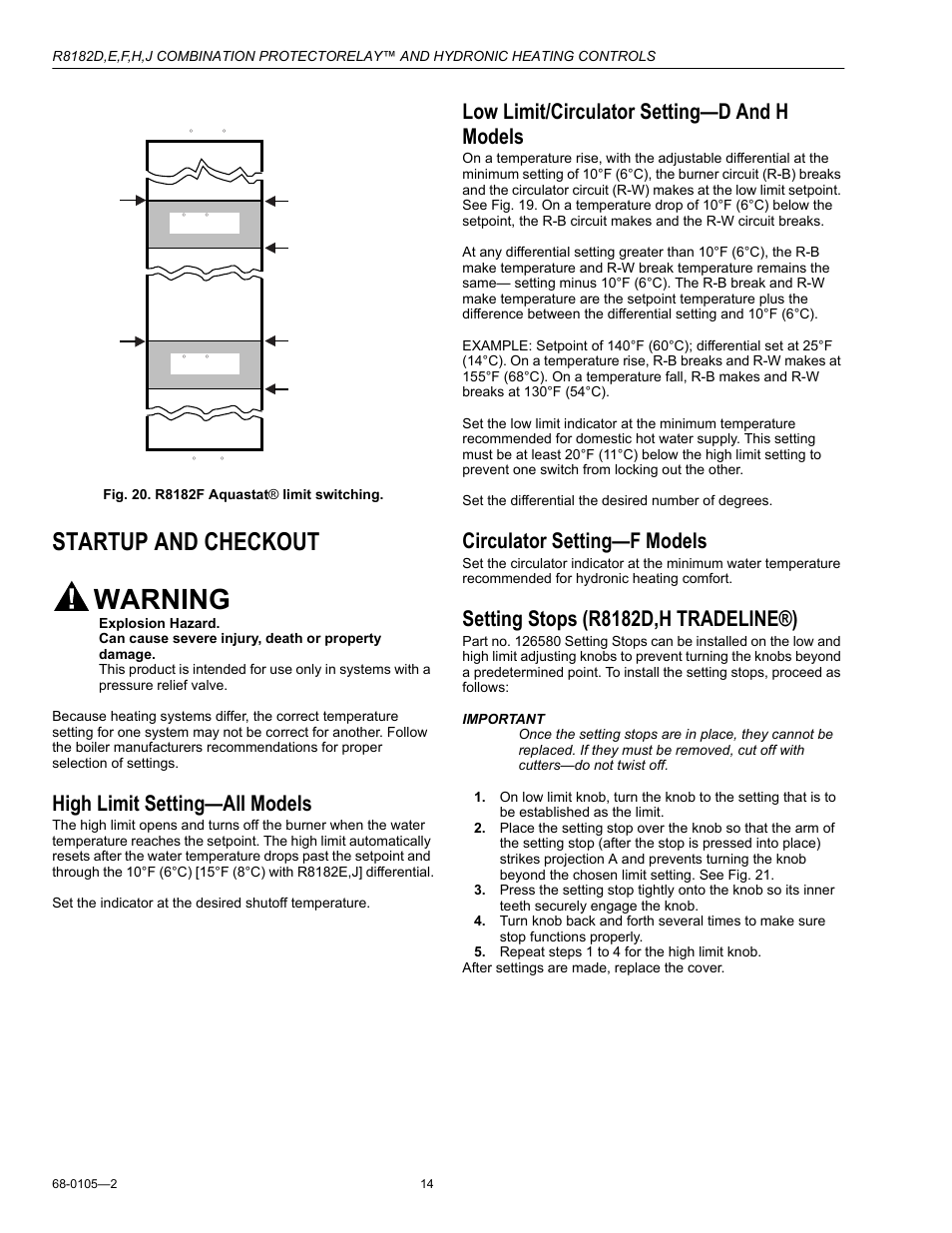 Startup and checkout, High limit setting—all models, Low limit/circulator setting—d and h models | Circulator setting—f models, Setting stops (r8182d,h tradeline®), Warning | Honeywell R8182H User Manual | Page 14 / 20