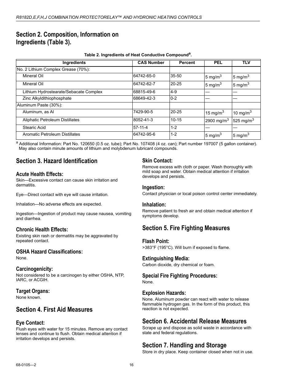 Section 3. hazard identification, Section 4. first aid measures, Section 5. fire fighting measures | Section 6. accidental release measures, Section 7. handling and storage, Acute health effects, Chronic health effects, Osha hazard classifications, Carcinogenicity, Target organs | Honeywell R8182H User Manual | Page 16 / 20