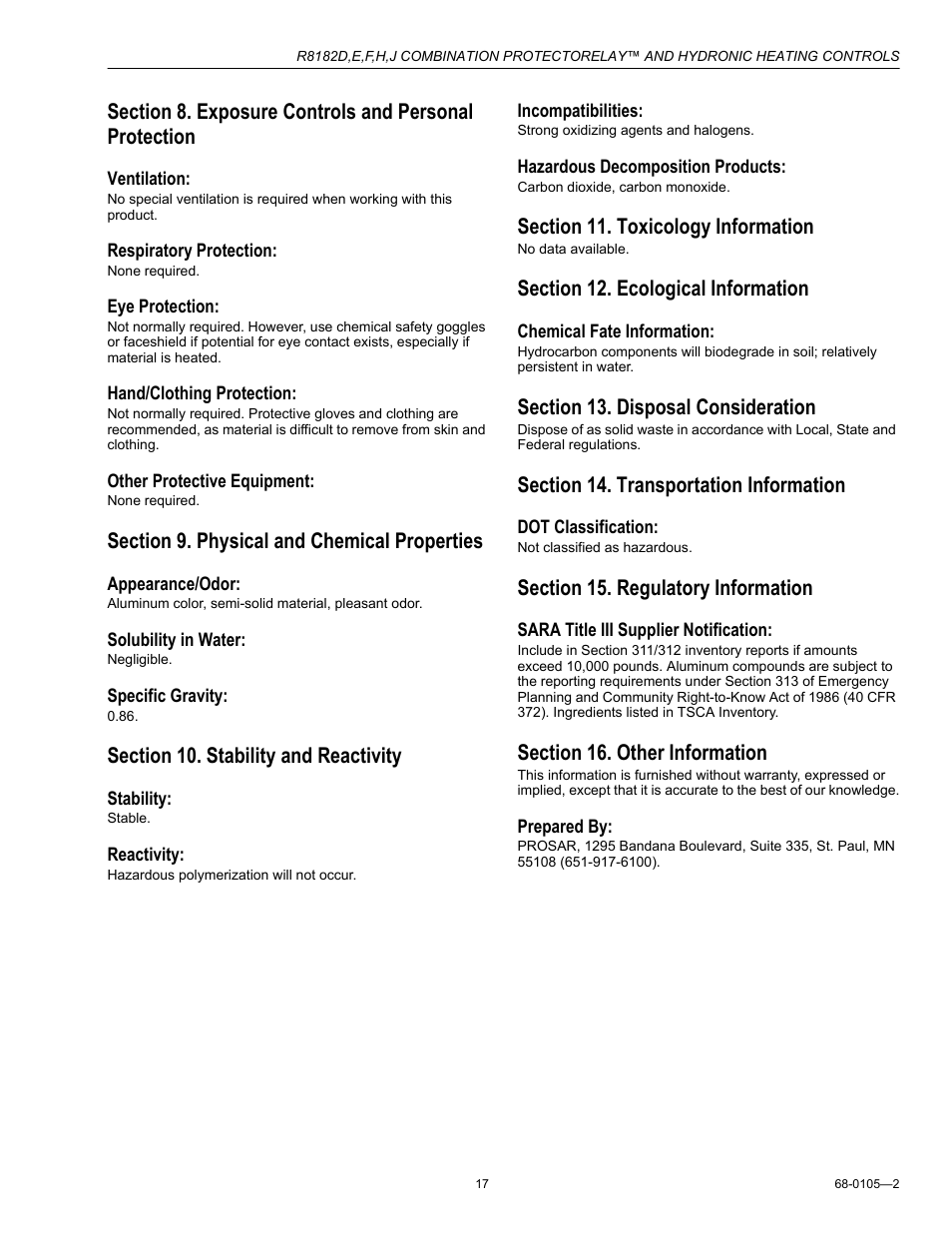 Section 9. physical and chemical properties, Section 10. stability and reactivity, Section 11. toxicology information | Section 12. ecological information, Section 13. disposal consideration, Section 14. transportation information, Section 15. regulatory information, Section 16. other information | Honeywell R8182H User Manual | Page 17 / 20