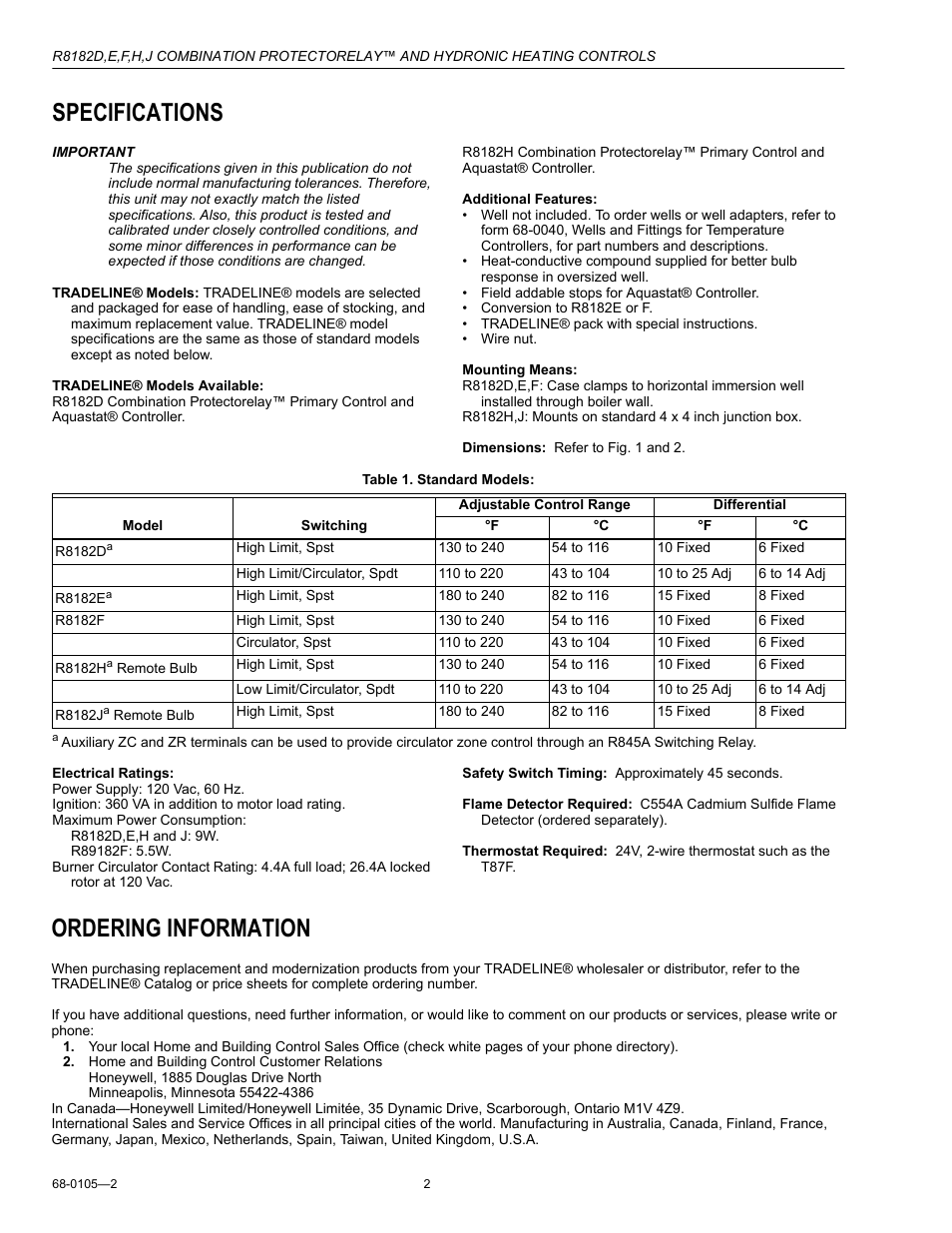 Specifications, Ordering information | Honeywell R8182H User Manual | Page 2 / 20