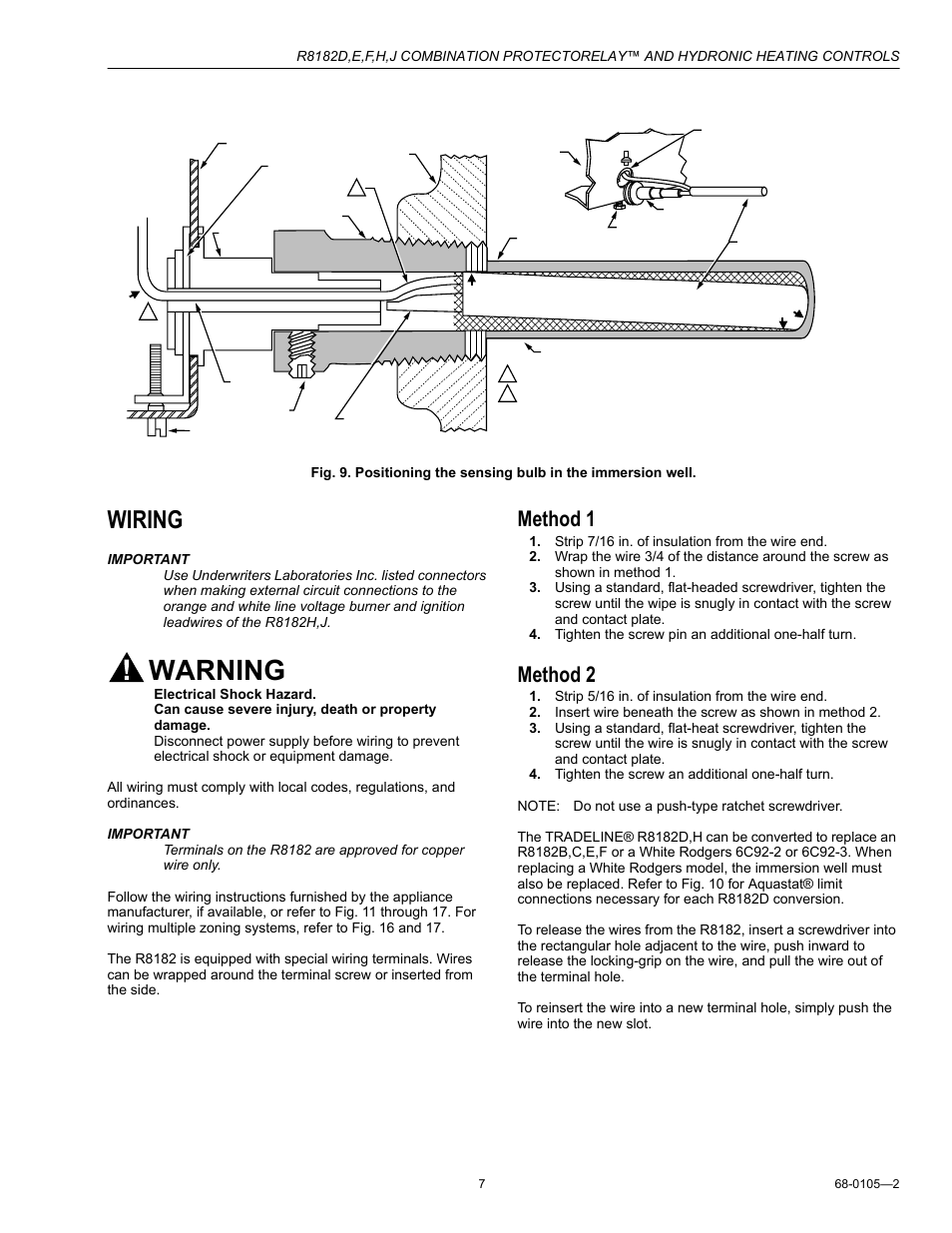 Wiring, Method 1, Method 2 | Warning | Honeywell R8182H User Manual | Page 7 / 20