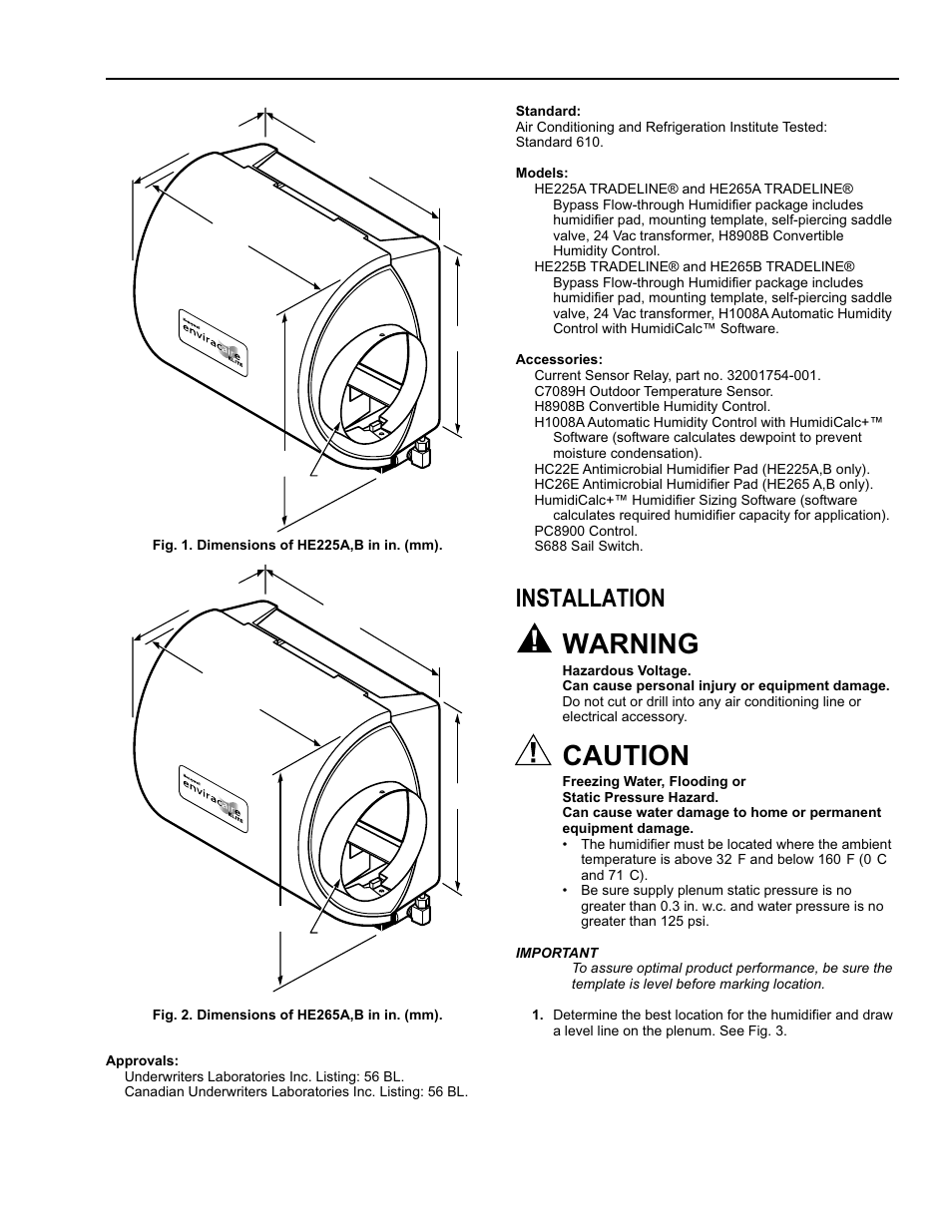 Warning, Caution, Installation | Honeywell Enviracare Elite Bypass Flow-Through Humidifier B User Manual | Page 3 / 12
