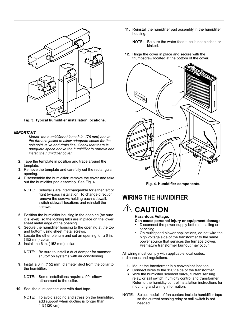 Caution, Wiring the humidifier | Honeywell Enviracare Elite Bypass Flow-Through Humidifier B User Manual | Page 4 / 12