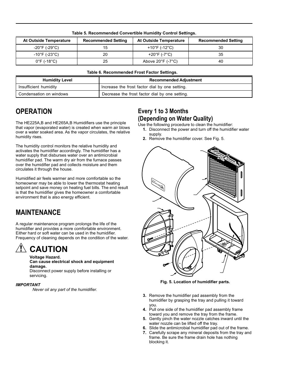 Caution, Operation, Maintenance | Every 1 to 3 months (depending on water quality) | Honeywell Enviracare Elite Bypass Flow-Through Humidifier B User Manual | Page 6 / 12