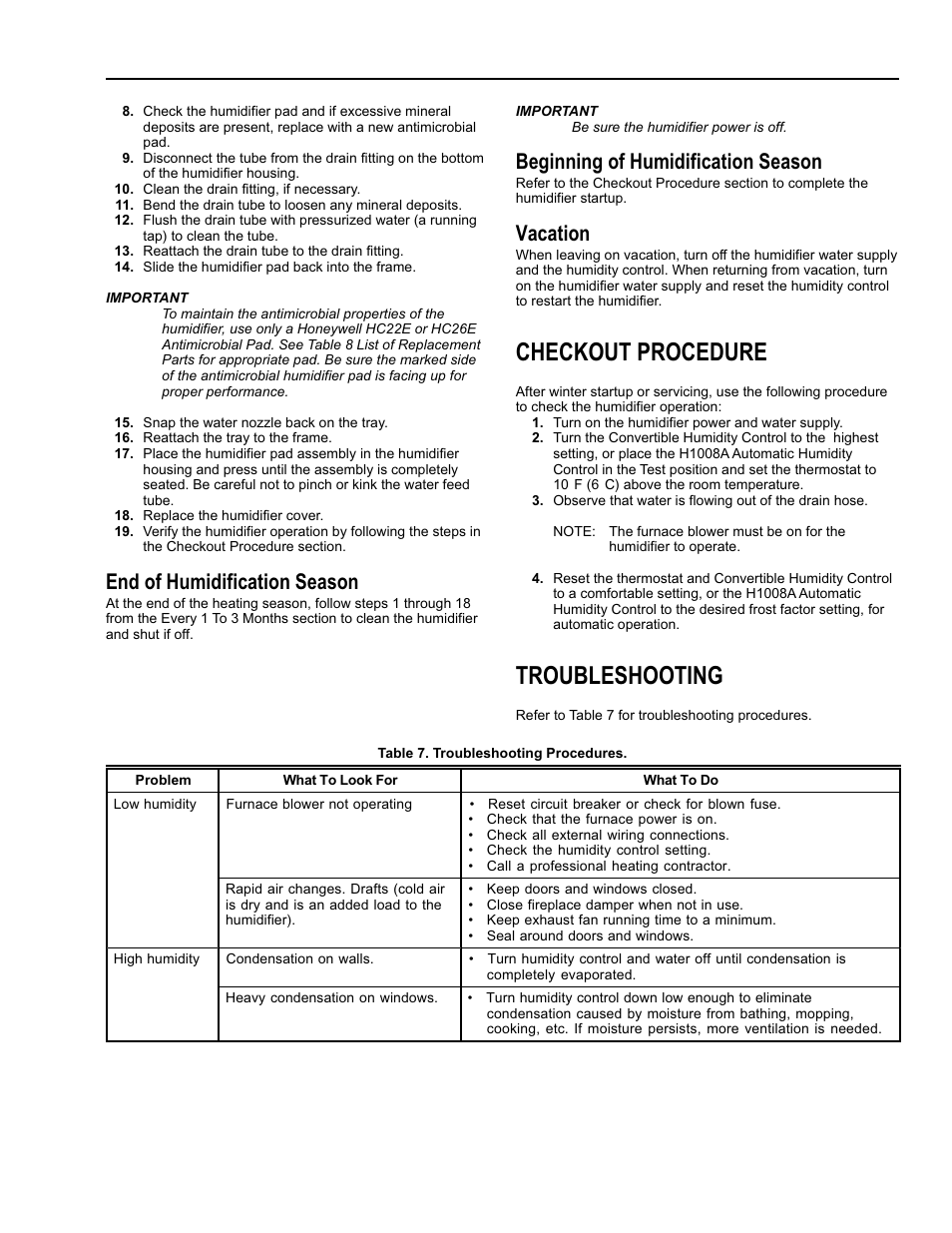 Checkout procedure, Troubleshooting, End of humidification season | Beginning of humidification season, Vacation | Honeywell Enviracare Elite Bypass Flow-Through Humidifier B User Manual | Page 7 / 12