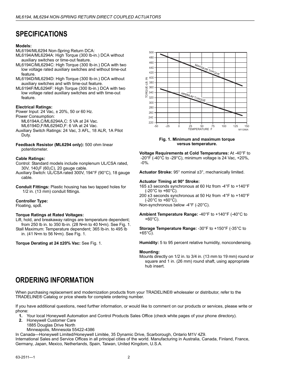 Specifications, Ordering information | Honeywell ML6194 User Manual | Page 2 / 8
