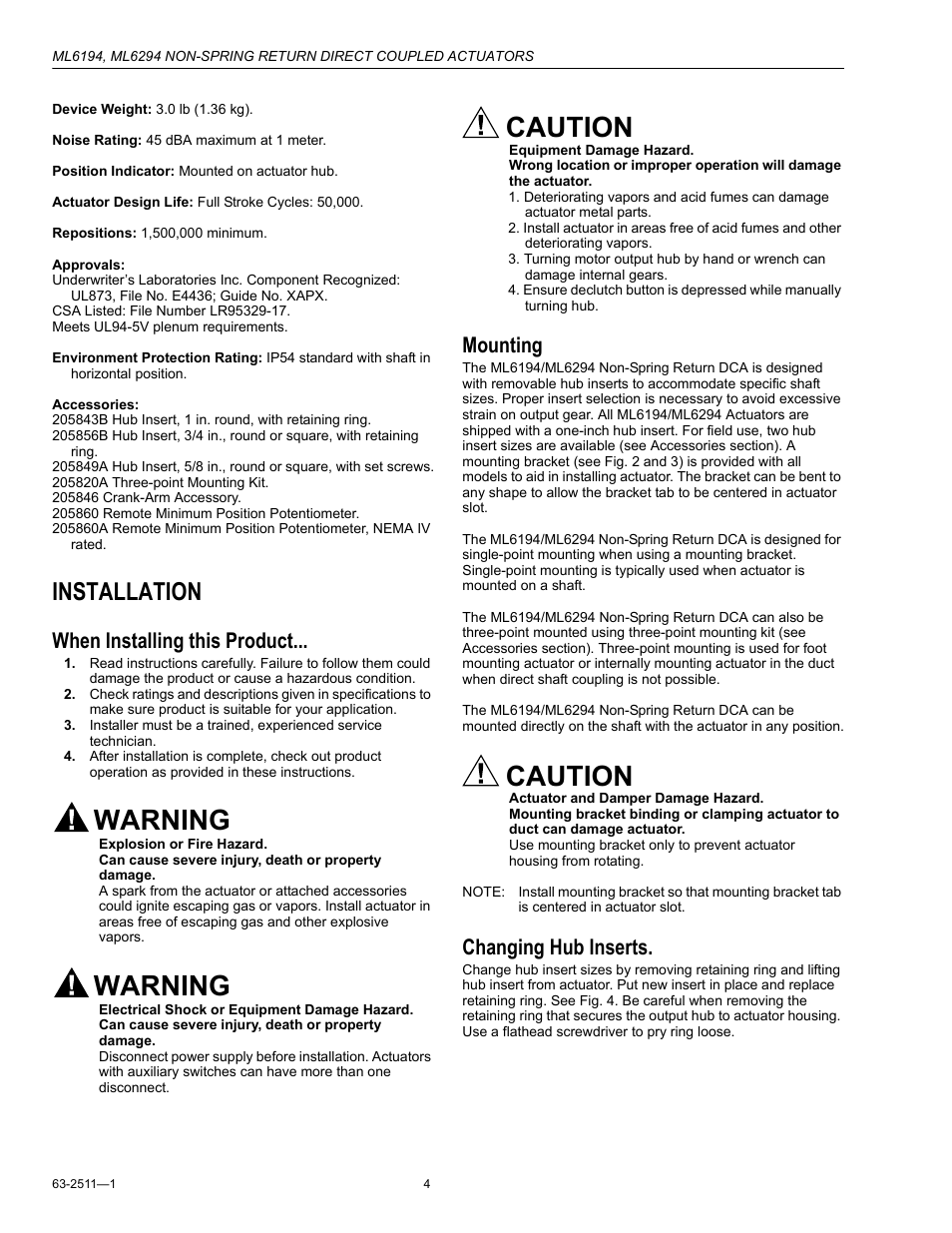 Installation, When installing this product, Mounting | Changing hub inserts, Warning, Caution | Honeywell ML6194 User Manual | Page 4 / 8