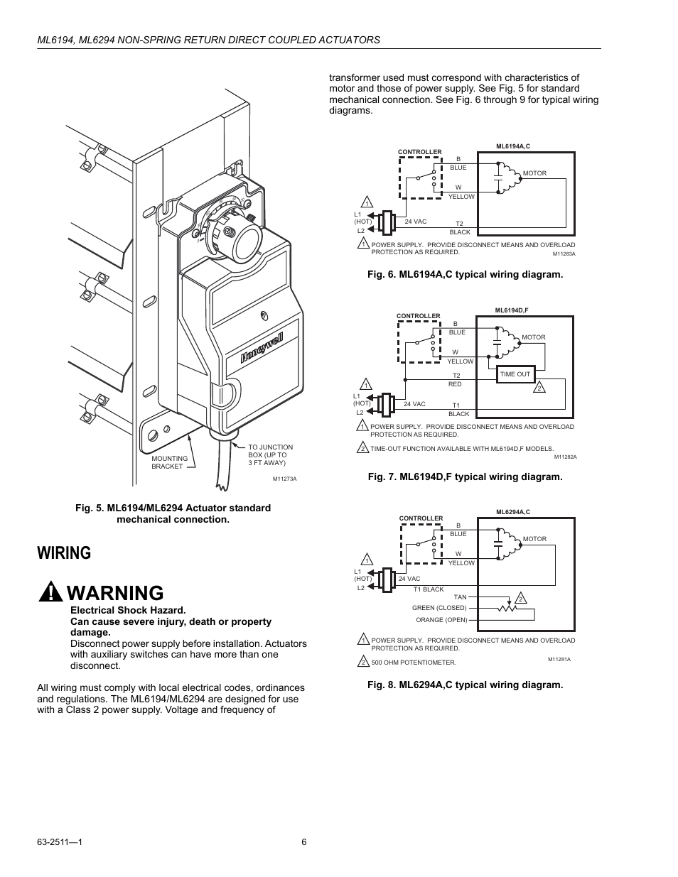 Wiring, Warning | Honeywell ML6194 User Manual | Page 6 / 8
