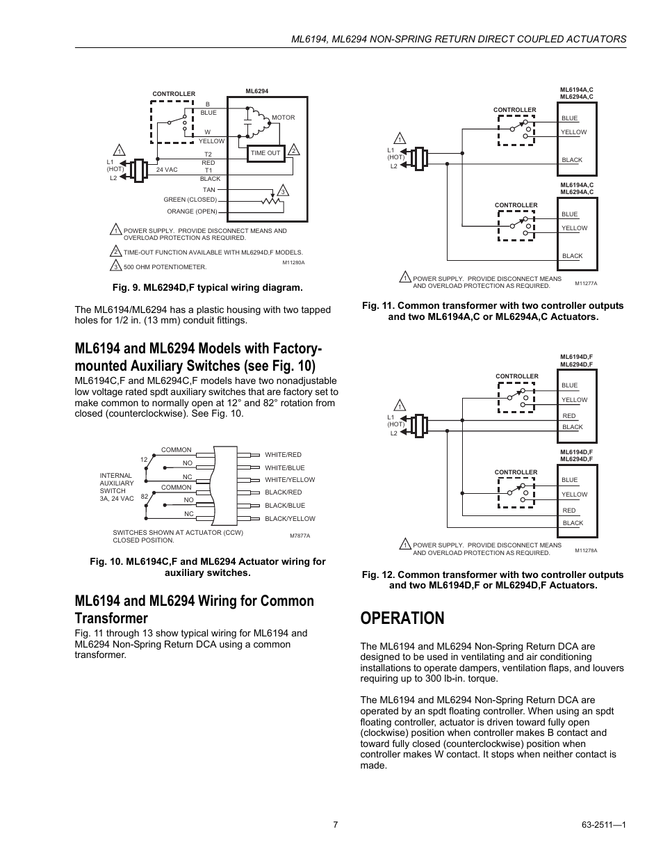 Ml6194 and ml6294 wiring for common transformer, Operation | Honeywell ML6194 User Manual | Page 7 / 8