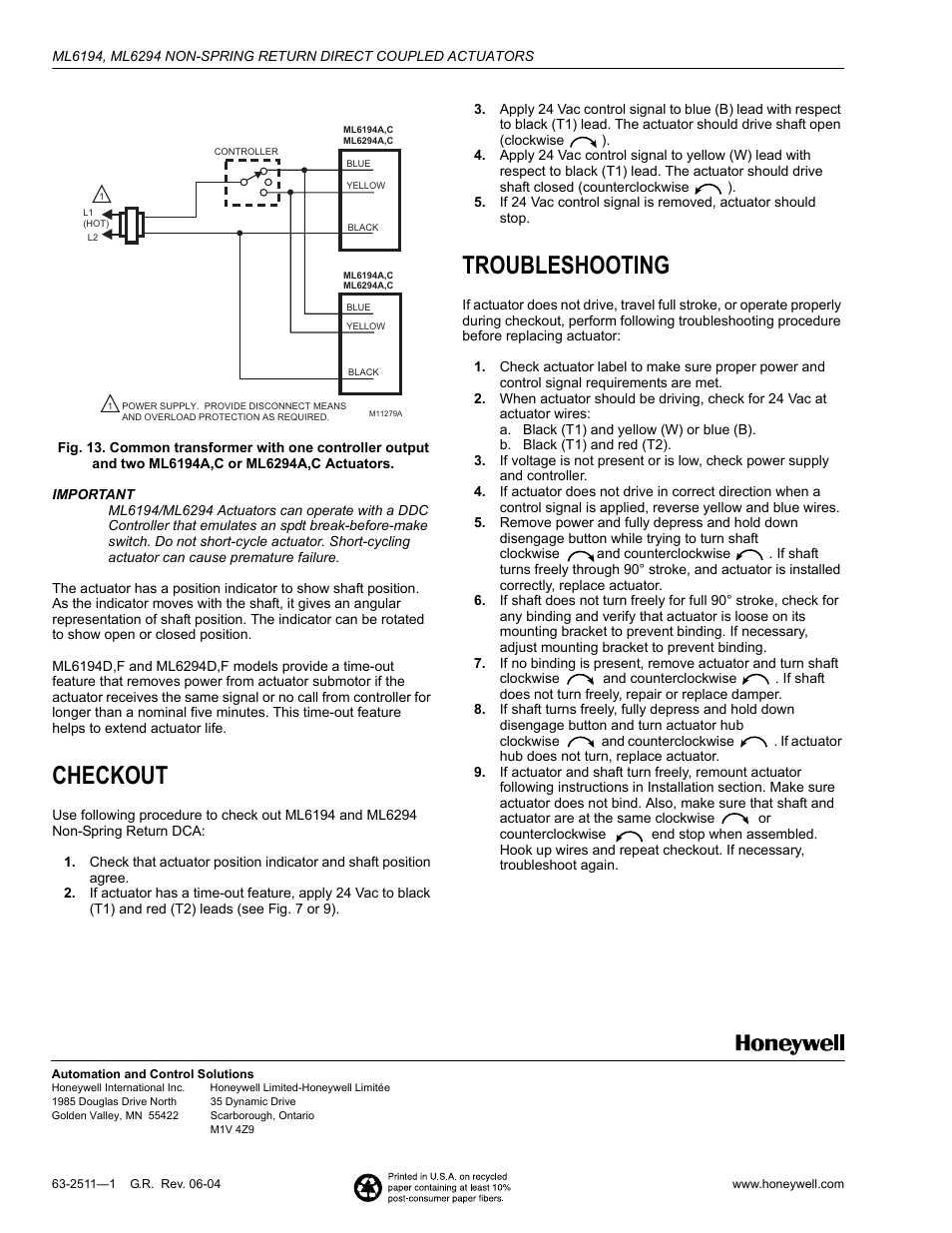 Checkout, Troubleshooting | Honeywell ML6194 User Manual | Page 8 / 8