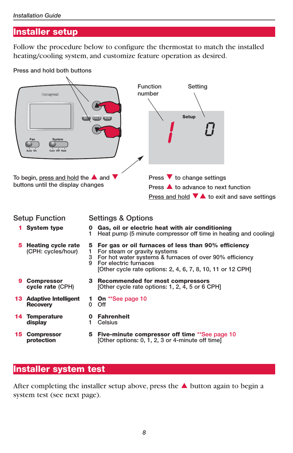 Installer setup, Installer system test | Honeywell PRO TH4110D User Manual | Page 10 / 16