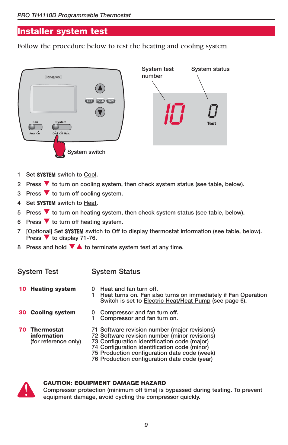 Installer system test | Honeywell PRO TH4110D User Manual | Page 11 / 16