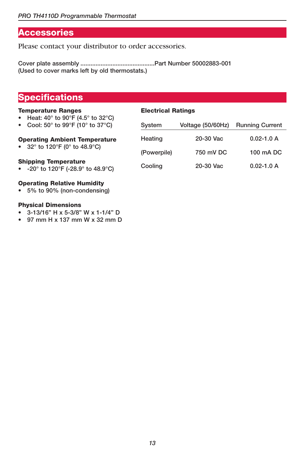 Accessories, Specifications | Honeywell PRO TH4110D User Manual | Page 15 / 16