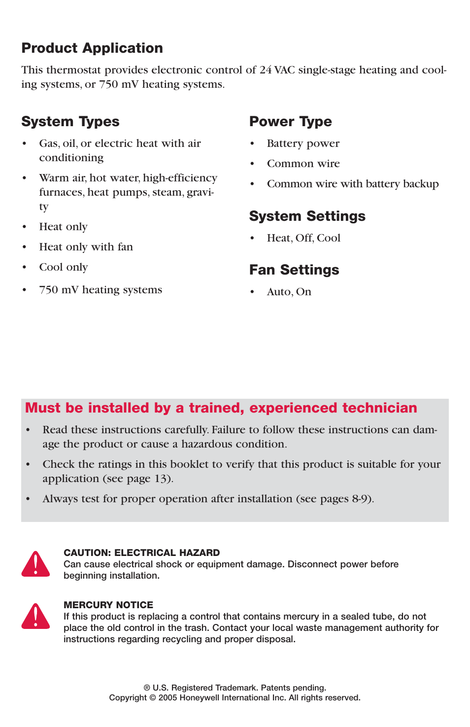 Product application, System types, Power type | System settings, Fan settings | Honeywell PRO TH4110D User Manual | Page 2 / 16