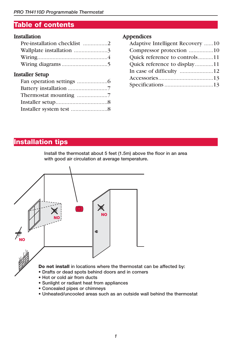 Table of contents installation tips | Honeywell PRO TH4110D User Manual | Page 3 / 16